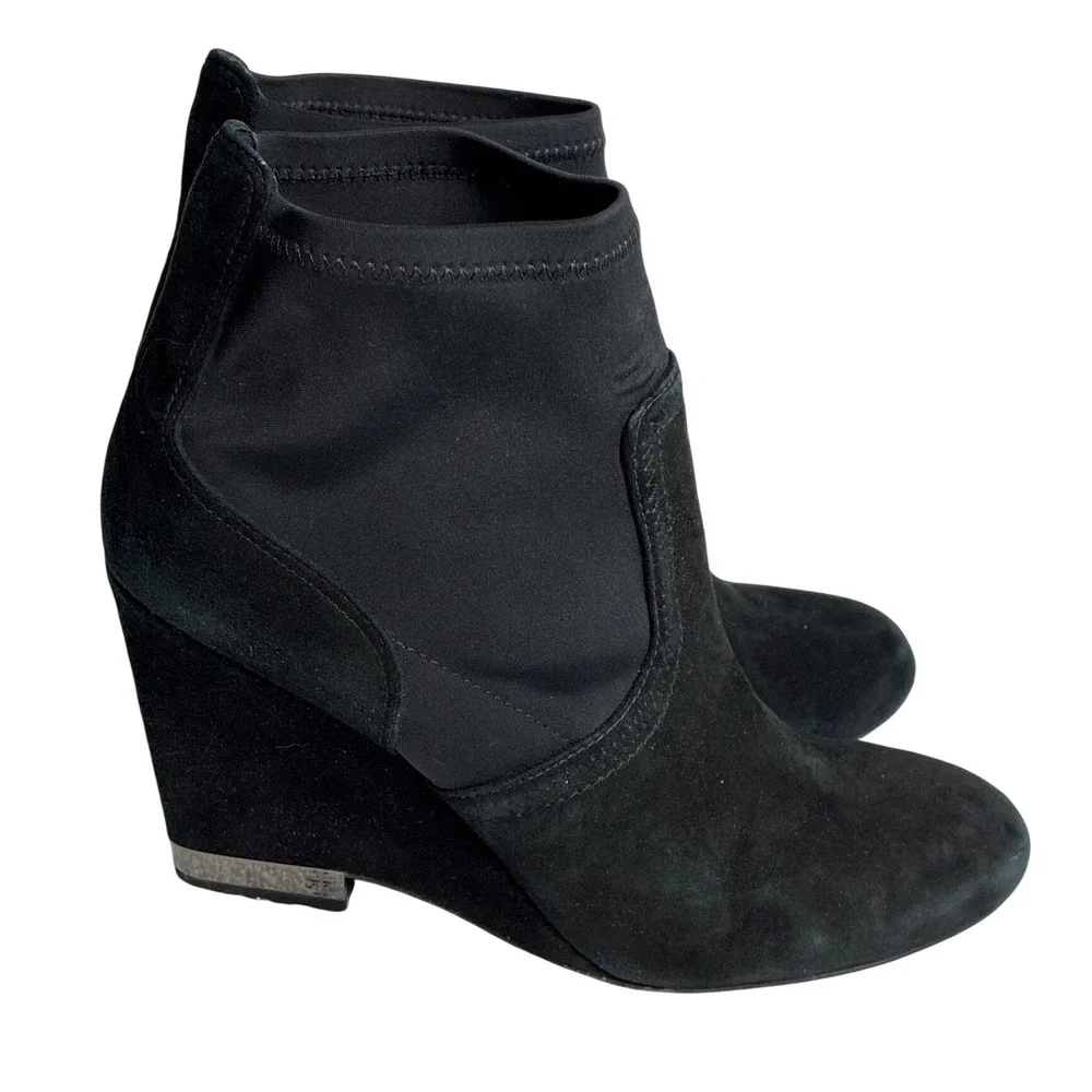 Tory Burch Black Suede Neoprene Wedge Ankle‎ Boots Logo Heel 10M